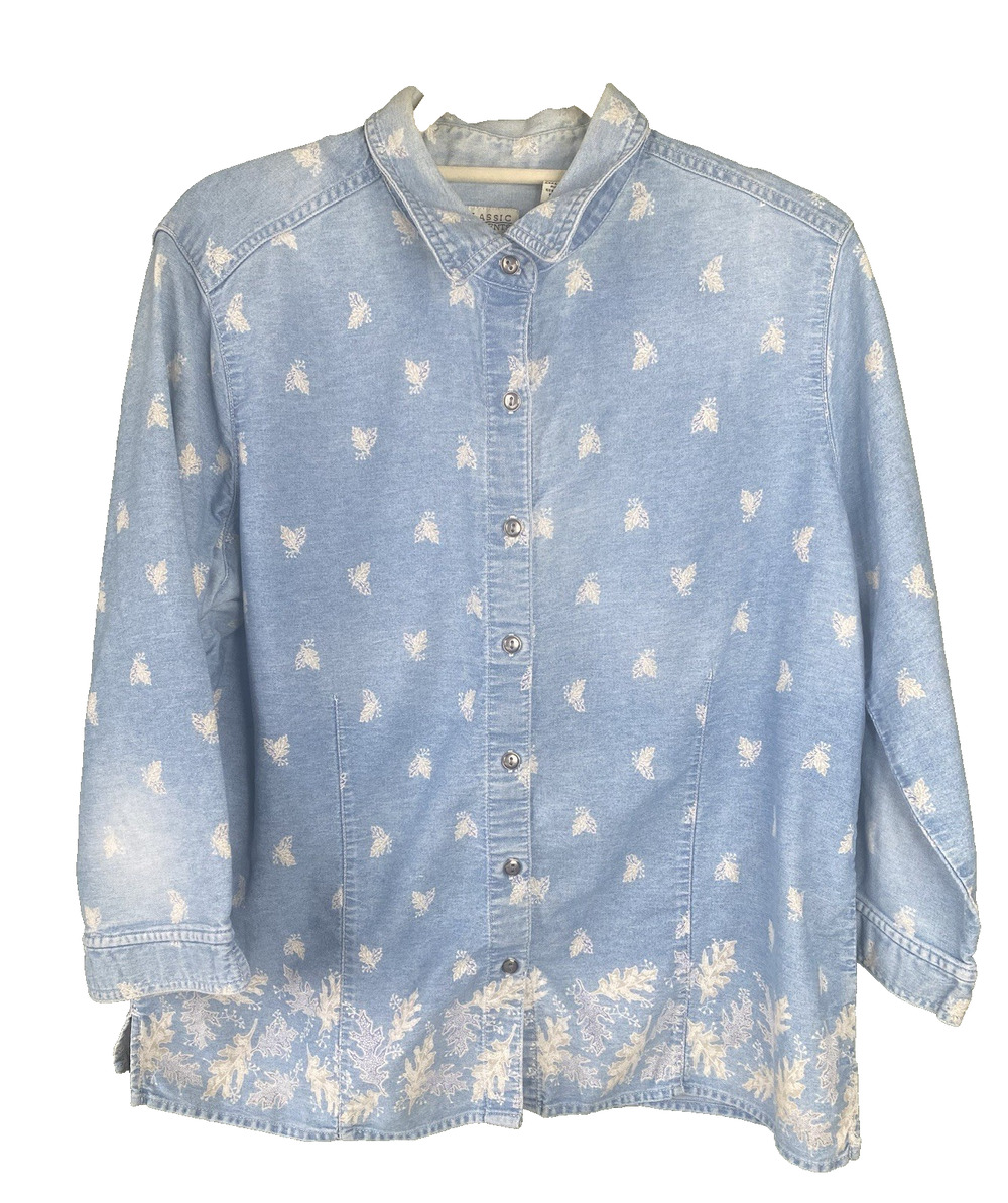 Classic Elements Shirt Womens XL Cotton Vintage Western Butterfly Denim Chambray